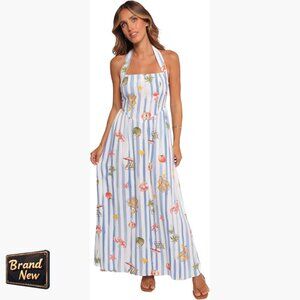 Halter Neck Midi Dress with Elasticized Neckline and Front Pleat Detail